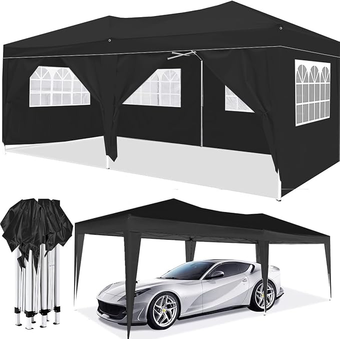 KEIKI 10'x20' Folding Canopy with 6 Removable Sidewalls Outdoor Event Shelter Gazebo Portable Tents for Parties Carport Camping Garden Patio Black