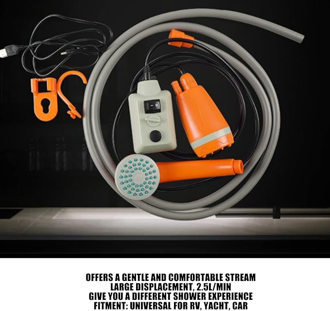 Portable Camping Shower Universal DC3.7V USB Rechargeable Camping Shower Kit for RV Yacht Car Built in 2000mAh Rechargeable Battery