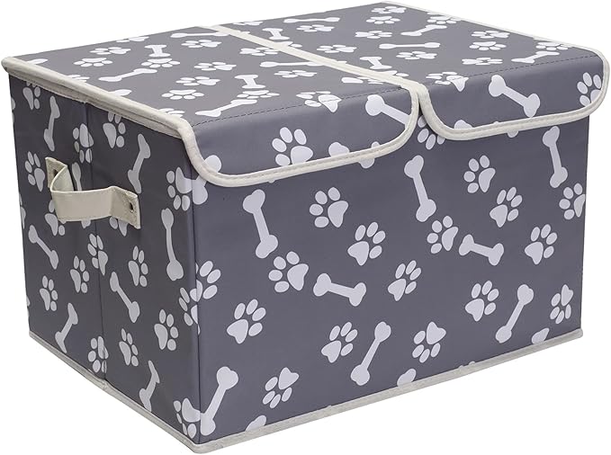 Pet Toy Storage Box with Lid Basket Organizer - Perfect Collapsible Bin for Living room Playroom Closet Home Organization - Bone Paw