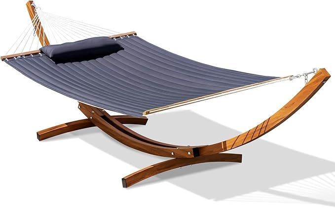 Lazy Daze Hammocks 12 FT 2 Person Double Quilted Hammock with Curved Steel Heavy Duty Stand and Pillow for Outside Backyard Patio 450 Lbs Capacity Dark Grey