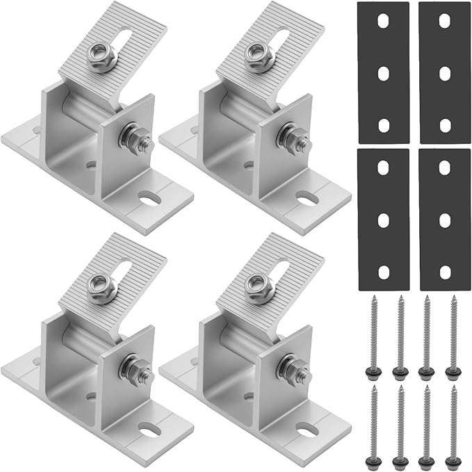 4Pcs Adjustable Solar Panel Tilt Mount Bracket Base Tilt Angle 10°-60° Flat Roof Mount Holder RV Solar Panel Mounts Clamp Roof Stand