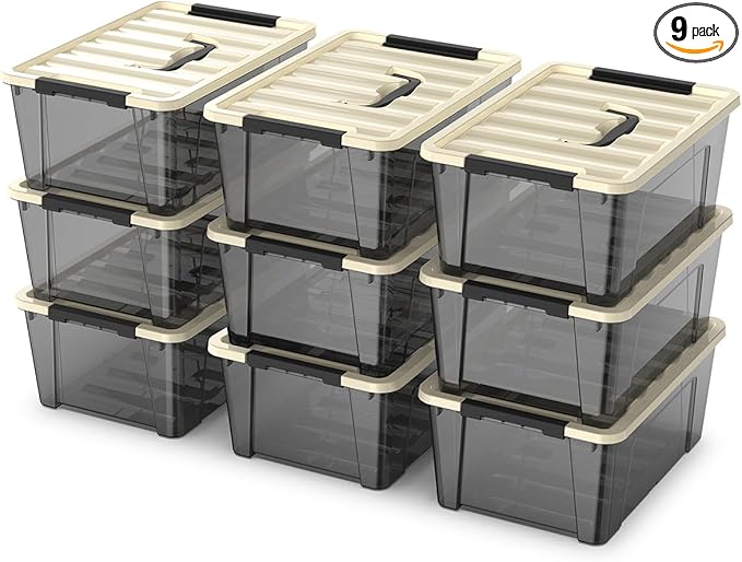 9-pack clear small plastic storage bins with khaki safety lids and black latch locks durable stackable nestable organization containers 6 quarts