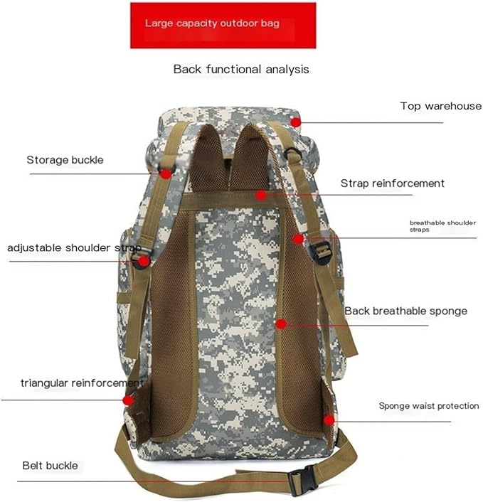 80L Tactical Backpack Camouflage Large Capacity Water-resistant Hiking Bag Outdoor Sports(Brown green)