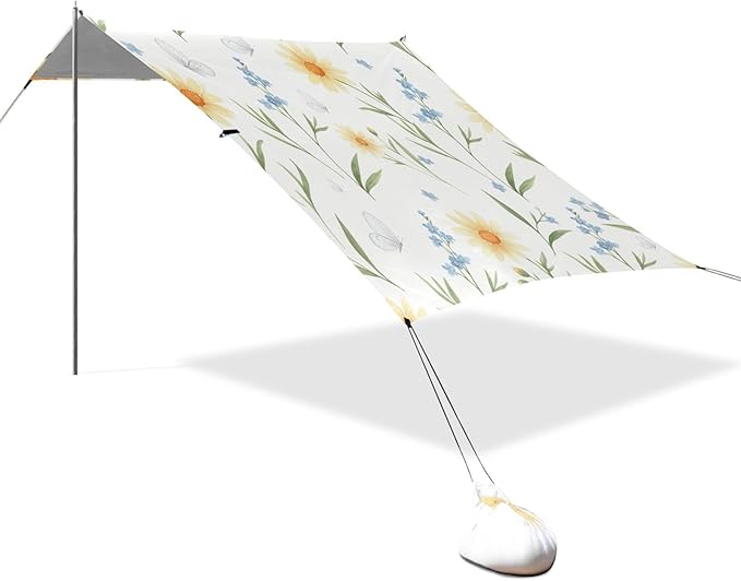 xigua Wildflowers Beach Tent Sun Shelter with Carrying Bag - Silver Coated Oxford Fabric Beach Canopy for Beach Camping Fishing - Includes Windproof Ropes Sandbags &amp Stakes