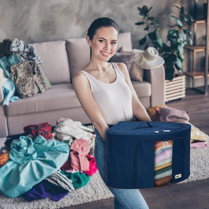 Foldable Clothes Storage Bag Organizer Corner Pop Up Bins Strong Handle Quality Fabric for Collapsible Closet Boxes 2 Pack (Large Saphhire)