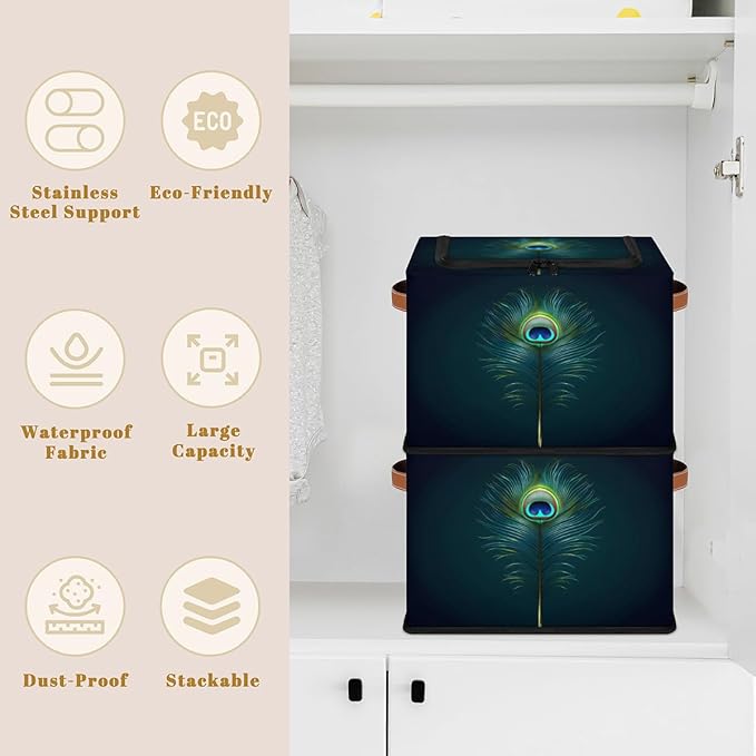 Peacock Feather Storage Box with Lid Boho Feather Collapsible Storage Bins Baskets Cubes Closet Shelf Clothes Organizer Containers with PU Leather Handles