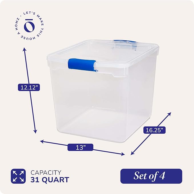 HOMZ Secure Latch Clear Plastic Storage Organizer Bins 31 Quart (4-Pack) &amp 15.5 Quart (4-Pack) Blue Latches - Stackable Organizing Containers for Home Garage and Office