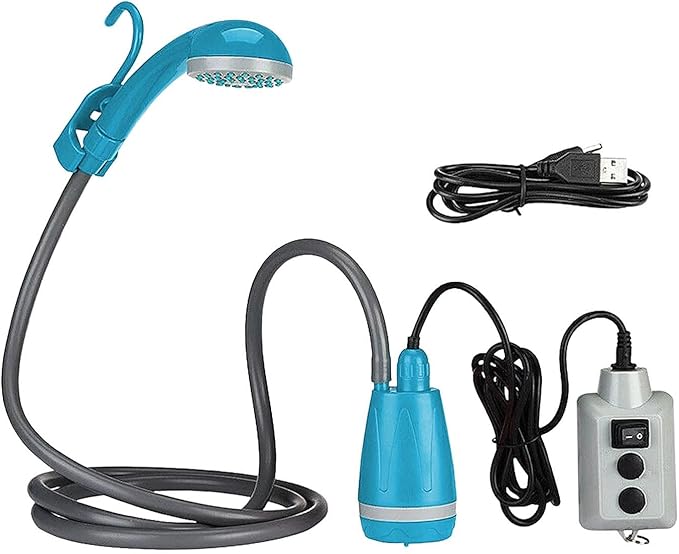 Camping Shower with Electric Pump for Outdoor Use USB Rechargeable Blue
