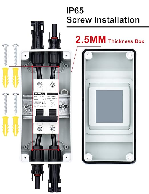 DIHOOL 60 Amp Solar Disconnect Switch dc Circuit Breaker with Cover Outdoor Miniature Circuit Breaker with din Rail Enclosure