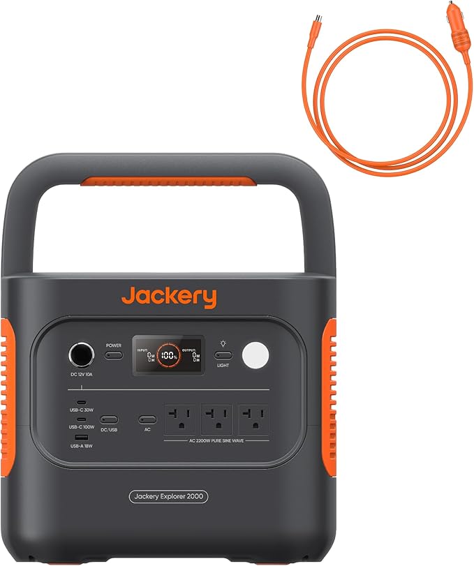 Jackery Explorer 2000 v2 Portable Power Station with Car Charging Cable 2042Wh LiFePO4 Battery 2200W Solar Generator USB-C PD 100W Fast Charging for Camping Home Use(Solar Panel Optional)