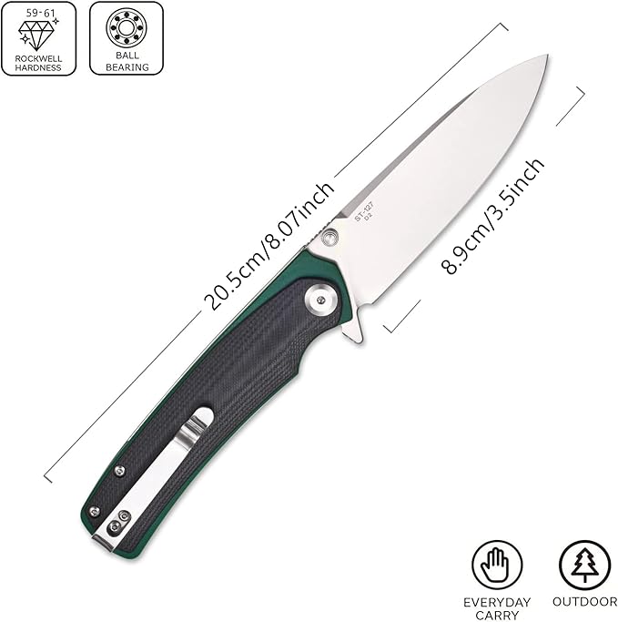 Sitivien ST127 Folding Knife D2 blade G10 Handle Ball Bearings Pivot EDC Tool Knife with Reversible Deep Carry Clip for Outdoor Camping Hiking(Black)