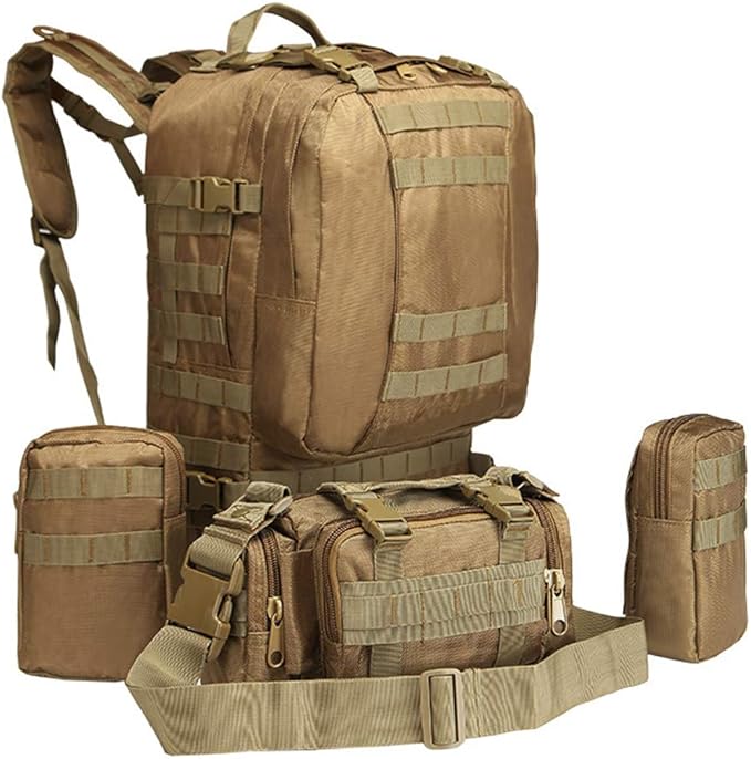 Tactical Backpack 55L with Built-up 3 MOLLE Bags Rucksacks for Travelling