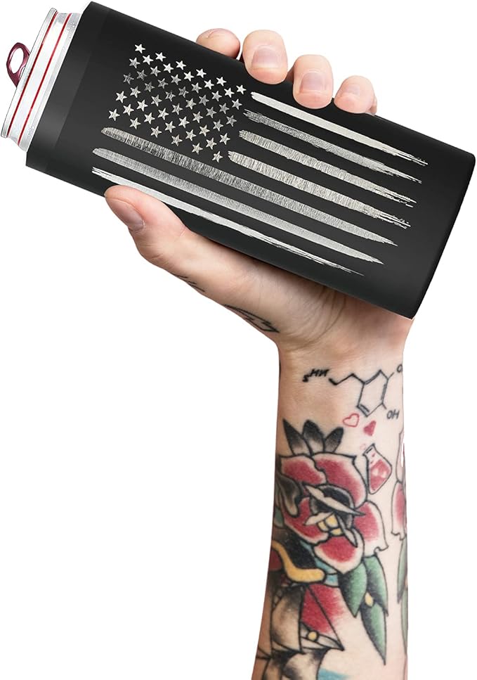 American Flag Skinny Can Cooler for Slim Beer &amp Hard Seltzer Cans | 12oz Stainless Steel Insulated Tall Can Cooler – Gifts for Veterans