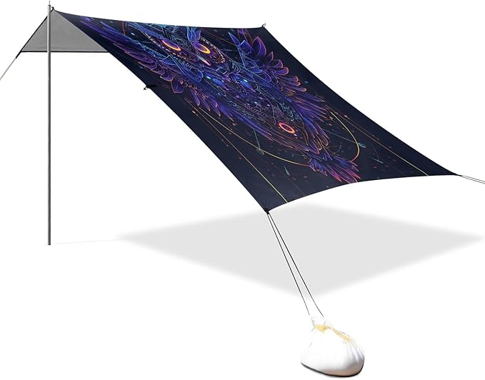 ALAZA Mecha Cyberpunk Owl Beach Tent Sun Shelter UPF50+ Protection Beach Shade Canopy w/ 4 Sandbags for Outdoor Camping Fishing Backyard Fun Picnic 10x9 ft