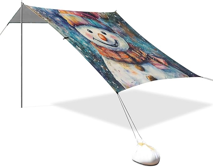 ALAZA Watercolor Snow Man Beach Tent Sun Shelter UPF50+ Protection Beach Shade Canopy w/ 4 Sandbags for Outdoor Camping Fishing Backyard Fun Picnic 10x9 ft