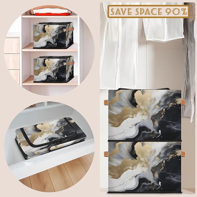 Marble Storage Bins with Zipper Lid Black Gold Marble Fabric Lidded Storage Baskets Cubes with Handles Decorative Foldable Shelf Closet Organizer Container