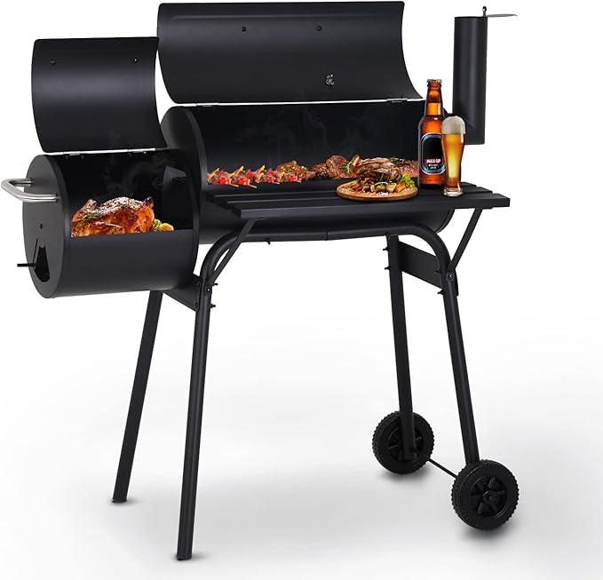 Charcoal Grills Outdoor BBQ Grill Offset Smoker with Wheels Side Fire Box Portable Barbecure Grill for Outdoor Cooking Backyard Camping PicnicsBlack