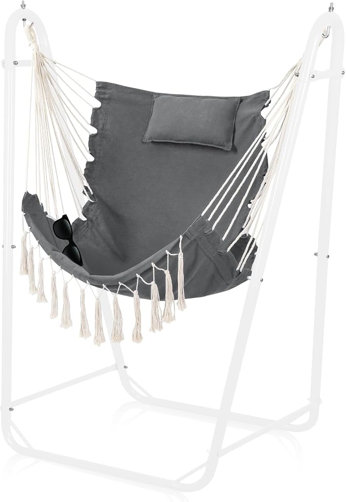 U-Shaped Hammock Chair with Stand Indoor &amp Outdoor Heavy-Duty Metal Frame Hammock Swing Stand Chair with Side Pockets for Brackyard Patio Porch (Dark Gray)