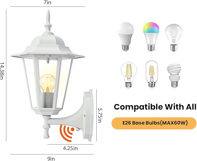 Dusk to Dawn Outdoor Wall Light 14.38 White Exterior Garage Lighting Fixtures Outdoor Porch Light Wall Mount Modern Outside Wall Lantern Sconce Sensor Dusk Dawn Light for House 1 Pack E26 Base