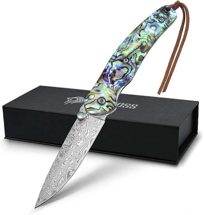 NedFoss Pocket Knife Damascus Pocket Knife with Abalone Shell Handle Handmade Forged Damascus Steel Folding Knife with Gift Box Excellent Gifts for Men Women (A-Polar Bear)