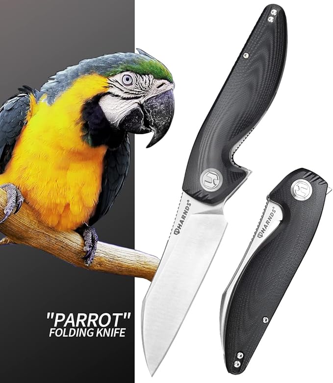 Harnds Parrot Folding Pocket Knife with Clip and Blade Lock 8.4 EDC Folding Knife with Sweatproof G10 handle and 14C28N Stainless Blade (Black)