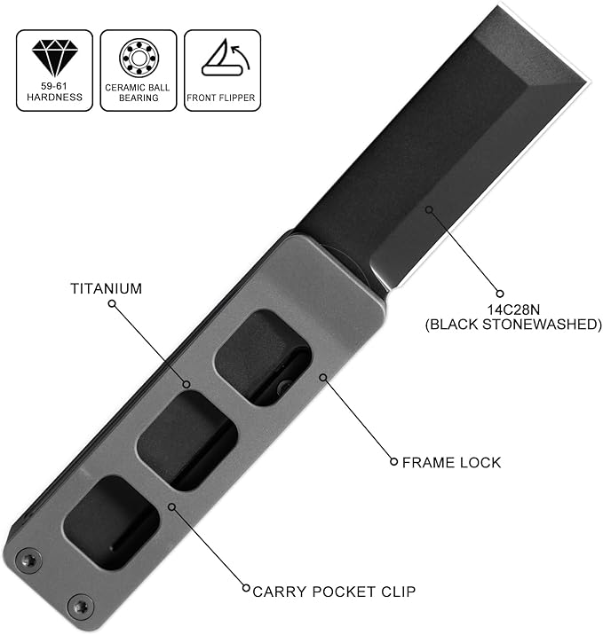 Petrified fish PFE09 Cash Folding Knife1.81 14C28N Satin Blade 1.69oz Titanium Handle Front Flipper Pocket knife for EDC (Black)