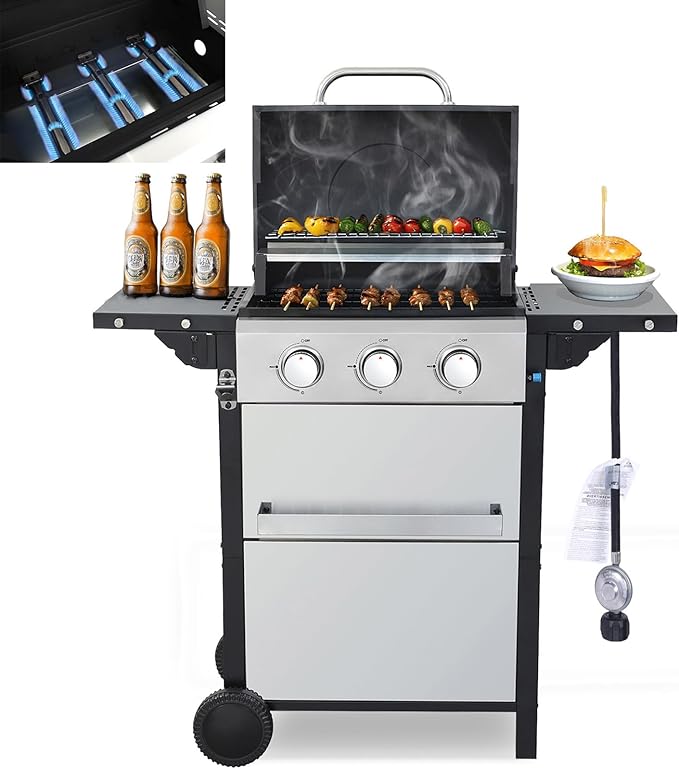 3 Burner Small Propane Gas Grill with Porcelain-Enameled Grates &amp Thermometer Stainless Steel 25650 Btu Small Gas Grills Outdoor Barbecue Grill Propane with Folding Side Tables &amp Wheels