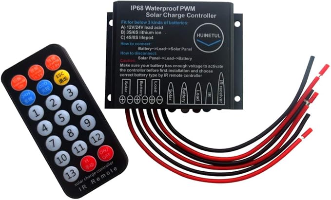 Multifunctional HUINETUL 15A Waterproof Lithium ion Lifepo4 Battery Charge Controller Regulator with IR Remote Control Fit for Lead Acid Lithium Ion Lifepo4 Battery