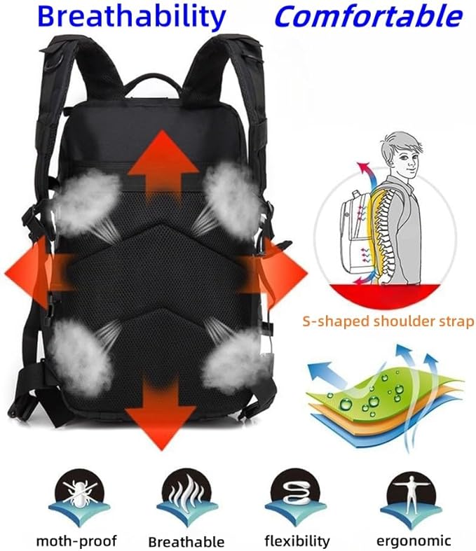 48L 3-day Tactical backpack heavy duty zipperHiking Camping Hunting Climbing backpack Nylon canvas Knapsack Outdoor backpack (Black)