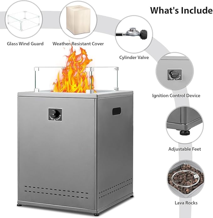 20 Square Smokeless Propane Fire Pit Table 50000 BTU Portable Outdoor Patio Heater with Lava Rocks Glass Wind Guard &amp Cover for Deck Backyard Garden Camping (Black)