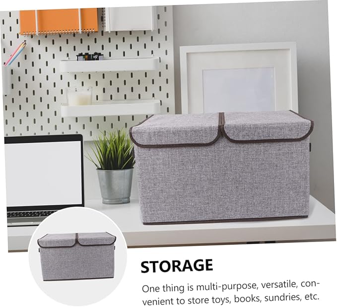 Levemolo Foldable Storage Bin Double Lids and Handles for Organizing Books Crafts Toys and More Grey Cotton Linen Storage Box for Home and Office Use