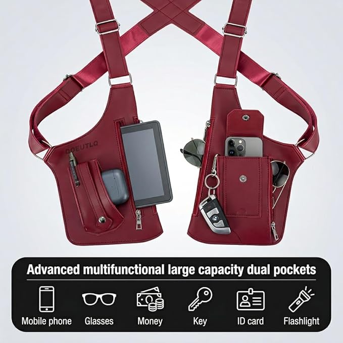 Leather Double Shoulder Armpit Bag for Men Underarm Concealed Rover The Holste Vest for Mens Adjustable Leather Bag (Burgundy)
