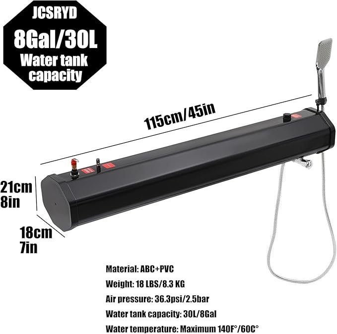 Pressurized Water Tank for Camping Shower - 5/5.3/8 Gallon Ideal for Water Storage in Trucks &amp Off Road Vehicles Heats Up to 140°F