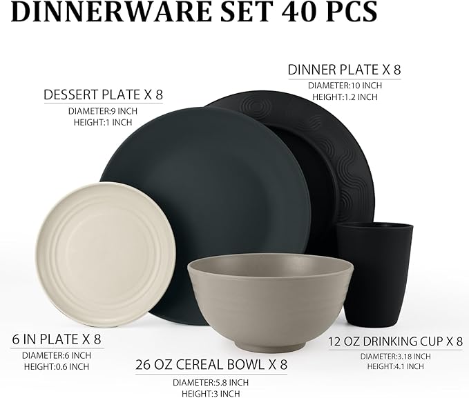 40 PCS Wheat Straw Dinnerware Set | Service for 8 Plastic Dishes Set Unbreakable Plates and Bowls Sets Drinking Glasses Dishwasher and Microwave Safe Dish Set for KItchen - Gray Stone