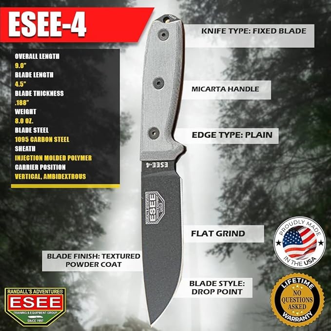ESEE 4P Survival Knife - Field Tested Fixed Blade Knife with Molded Polymer Sheath &amp Clip Plate Full Tang Plain Edge - Durable Outdoor Camping Blade with Sheath for Survival