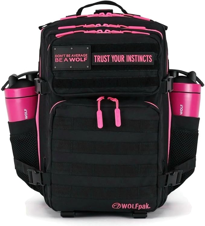 WOLFpak 35L Tactical Gym Backpack (Black Neon Pink) Durable 1000D Waterproof Oxford Material with MOLLE Webbing Laptop Pocket &amp Dual Cup Holders Durable Fitness/Travel/Military Daypack