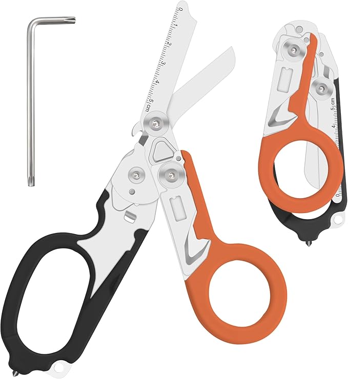 Lemasa6 in 1 6 in 1 trauma shears Folding Retractable Emergency Shears Outdoor Camping Tools Seat Belt Cutter Oxygen Cylinder Wrench Complimentary Adjustable Wrench (Black Orange)