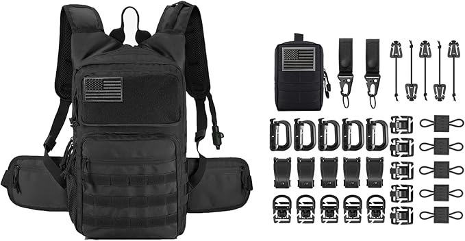 FRTKK Tactical Hydration Backpack and Kit of 34 Attachments for Tactical Backpack Belt Molle Bags Accessories Kit with Molle Pouch