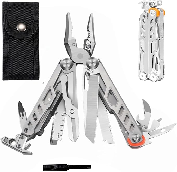 23-in-1 Multitool Pliers with ScissorsWindow Breaker Saw ScrewdriversRope CuttersFlint High-carbon Steel Multi Tool with Carrying Pouch Ideal for Camping Survival and Gift for Him Dad Men