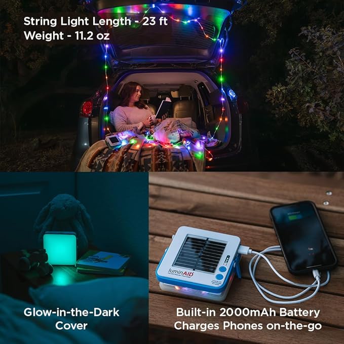 LuminAID Color Solar String Light with Phone Charger - Multicolor Tent Lights for Camping - 23 ft Rechargeable String Lights Perfect for Camping Backyard Patio RVs Outdoor Power Outages (1 Pack)