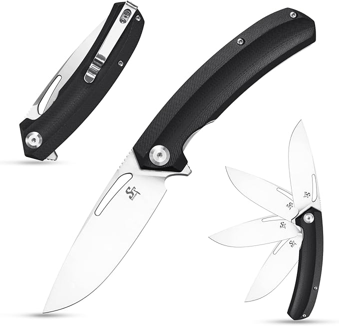Sitivien ST119 Folding Knife D2 Steel Blade and G10 Handle EDC Tool Knife with Pocket Clip for Outdoor Camping Hiking Survival(Black)