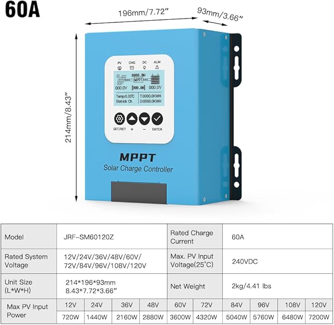 JIRI 60 amp Mppt Solar Charge Controller 12V/24V/36V/48v/60V/96VDC Auto System Voltage Max. PV 240VSolar Panel Controller for Lifepo4/Lithium /Gel/ Rv Battery (60A)