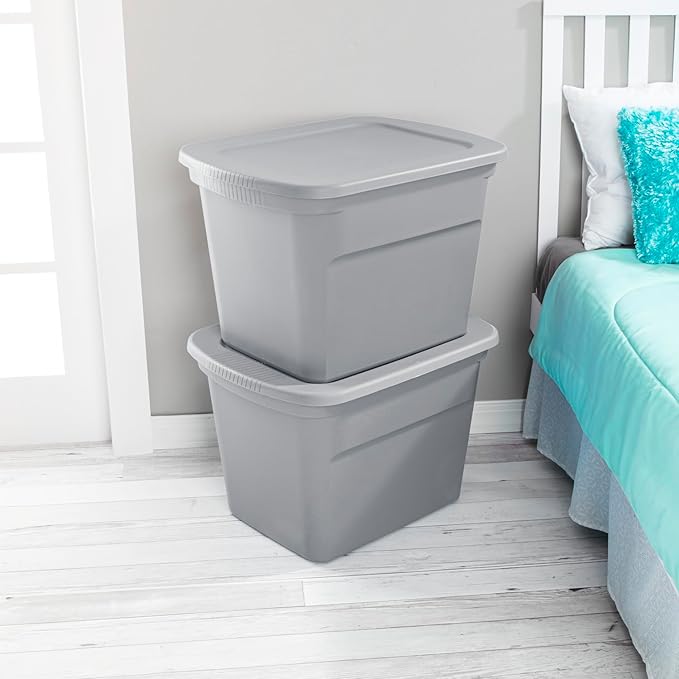 Sterilite 18 Gal Storage Tote Stackable Bin with Lid Plastic Container to Organize Clothes in Closet Basement Gray Base and Lid 8-Pack