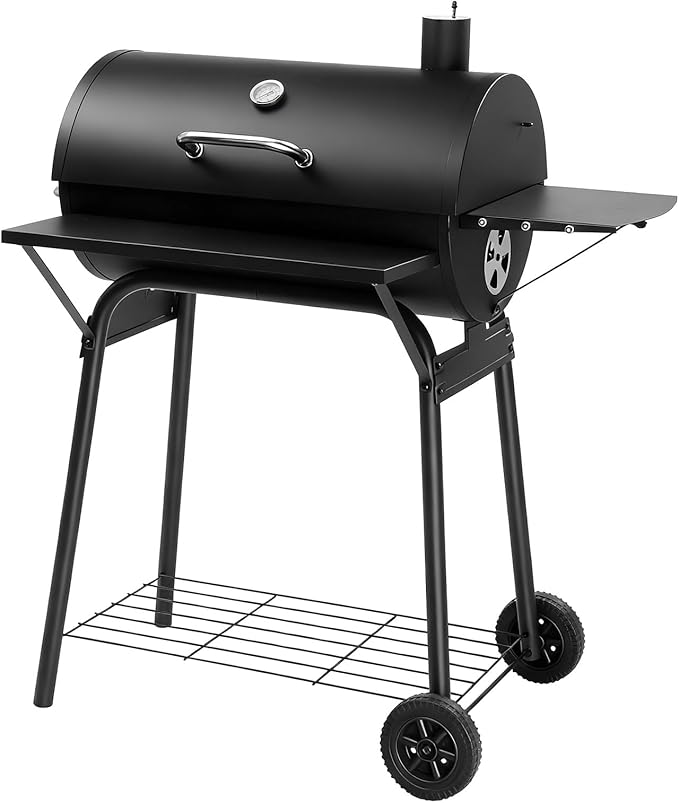 Outvita Barrel Charcoal Grill with Warming Rack Outdoor BBQ Grill with Side Front Table with Nearly 564 Sq.In. Cooking Grid Area for Backyard Patio Picnic Parties Camping Black