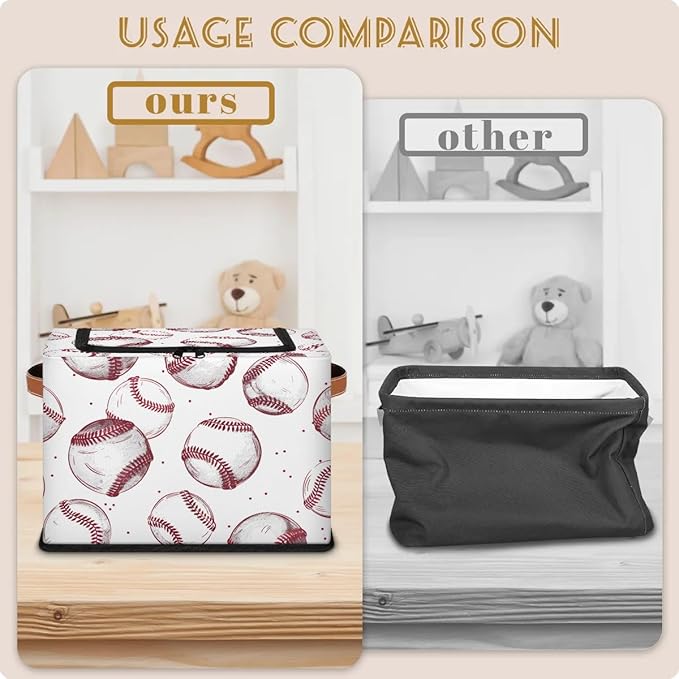 Sport Baseball Storage Bins with Zipper Lid Collapsible Fabric Storage Basket with Leather Handles Closet Shelf Cloth Organizer Basket for Nursery Bedroom Clothes Toy