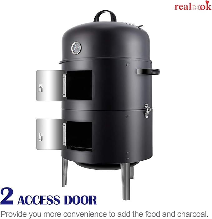 Realcook Vertical 17 Inch Steel Charcoal Smoker Heavy Duty Round BBQ Grill for Outdoor Cooking Black