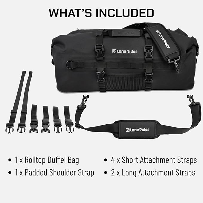 Lone Rider Waterproof Motorcycle Tail Bag 50L - Dustproof Roll Top Dry Bag ADV Motorbike Touring Luggage - 600D TPU Welded Seams Air Valve MOLLE Quick-Release Straps - Black