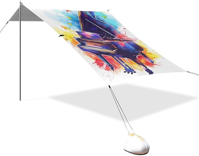 ALAZA Colorful Stars and Grand Piano with Some Notes Beach Tent Sun Shelter Portable Canopy Sunshade for Outdoor Camping Picnics Backyard Fun 10x9 ft