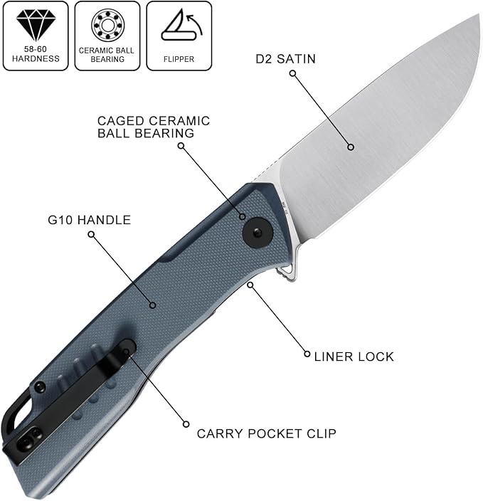 Petrified fish PFB02 Loco Pocket Knife 3.70 D2 Satin Blade Camping Knife 5.29oz G10 Handle Flipper Liner lock Folding knife for EDC (Blue Satin)