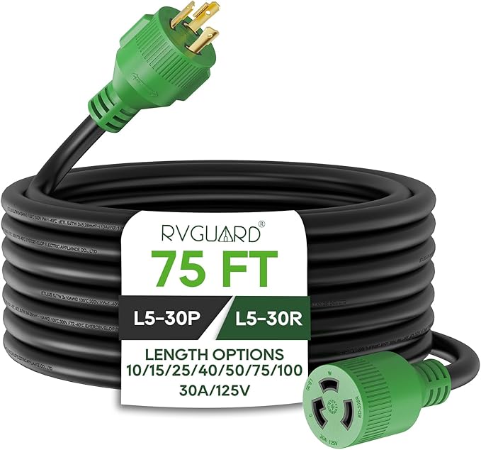 RVGUARD 3 Prong 30 Amp 75 Foot Generator Extension Cord NEMA L5-30P/L5-30R 125V 10 Gauge SJTW Generator Power Cord with Cord Organizer ETL Listed